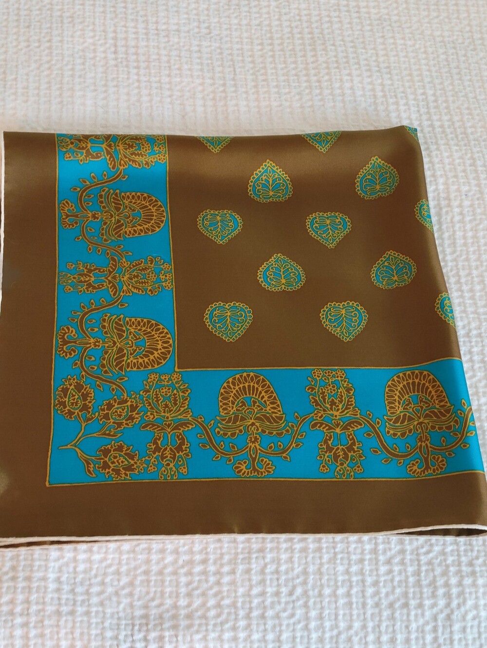 Vintage Silk Scarf in Olive Green and Turquoise,hand Rolled Edges,31X31 Inches. - Picture 8 of 9